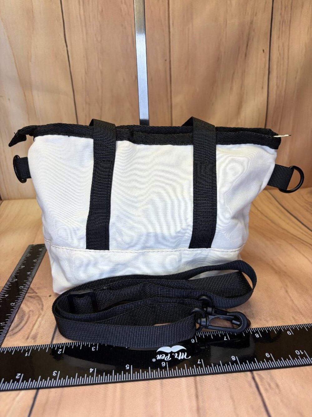 Mini white canvas tote with crossbody strap